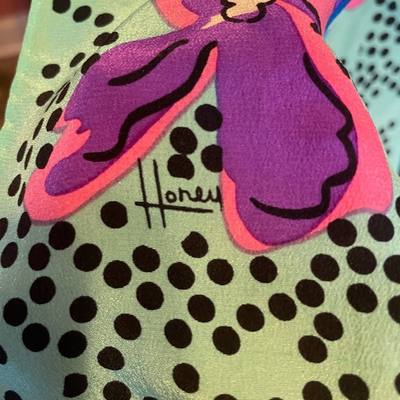 vintage honey multi color rolled silk scarf with a funky floral and polka dot - Picture 6 of 8